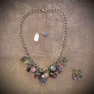 Faux Amethyst, Emerald & Zultanite Gems w/Gun Metal Chain Necklace & Earrings